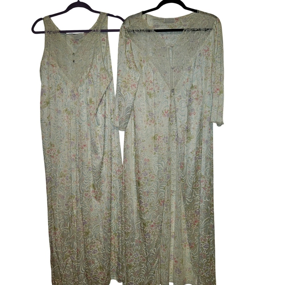 Vassarette‎ Vintage 3 Piece Nightgown Robe Bodysuit Set Floral Lace Pastel Large